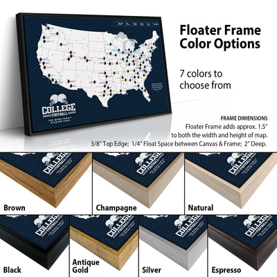 The image is a collage of different framed color options for a map of the United States, with a focus on the College Football Tour.
