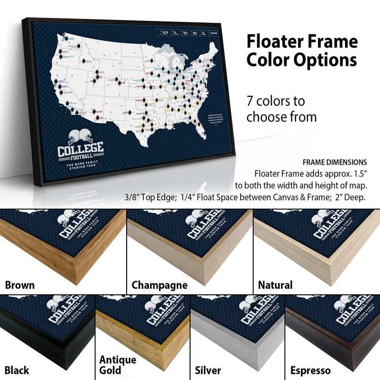 The image is a collage of different framed color options for a map of the United States, with a focus on the College Football Tour.