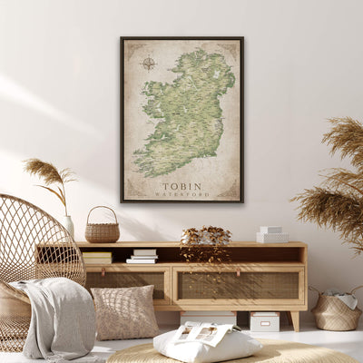 a living room with a chair and a map on the wall