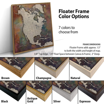 The image is a collage of different colored framed maps of North America, showcasing various frame options and color choices.