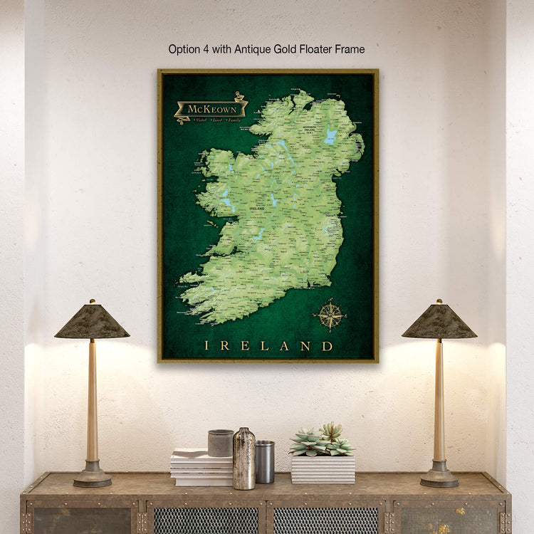 a map of ireland hangs on a wall