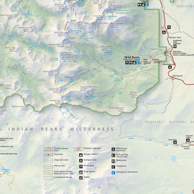 The image is a detailed topographical map of the Indian Peaks Wilderness area, showing various trails, landmarks, and natural features.