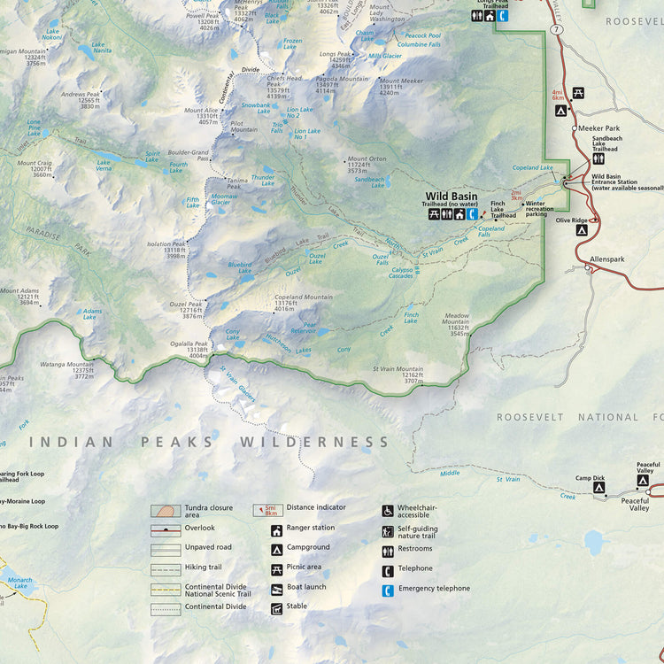 The image is a detailed topographical map of the Indian Peaks Wilderness area, showing various trails, landmarks, and natural features.