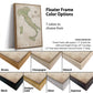 a variety of different colored floating frame options for a map of Italy. The frame options include brown, champagne, natural, antique gold, silver, black, and espresso. The image also provides information about the frame dimensions, including the width and height of the map, as well as the float space between the canvas and the frame.