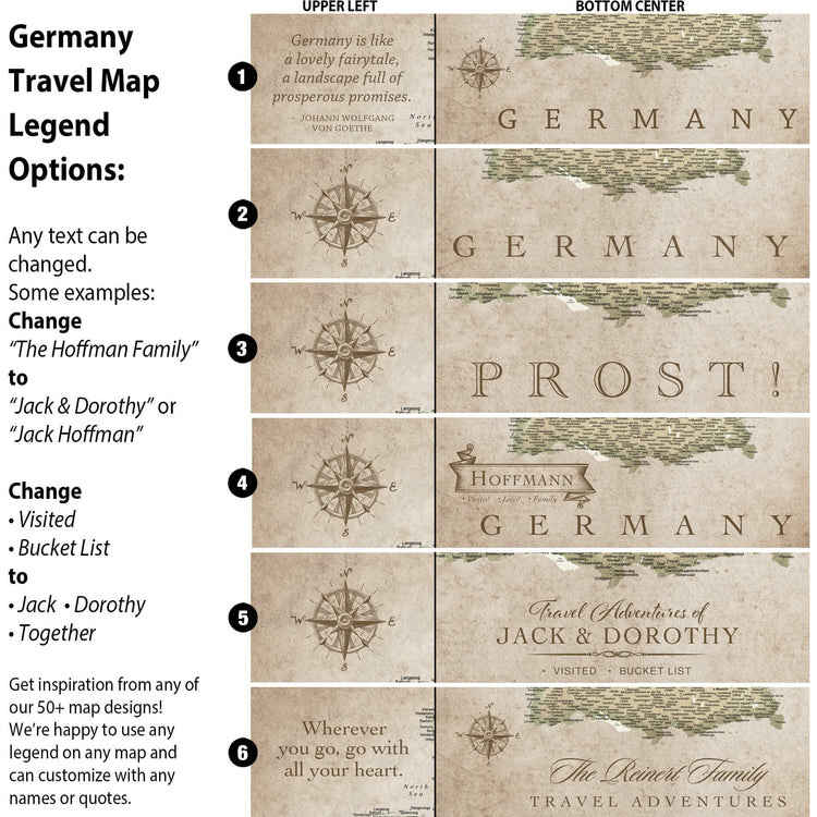 The image is a travel map legend featuring various options for customizing the map, including changing text, adding a visited list, and adding a bucket list.