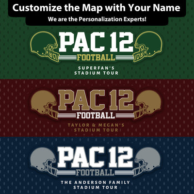 The image is a collage of three different football-themed graphics, each with a unique color scheme and design. The graphics feature the text "PAC 12 FOOTBALL" and "STADIUM TOUR" along with football helmets, suggesting they are promotional materials for a football-related event or tour.