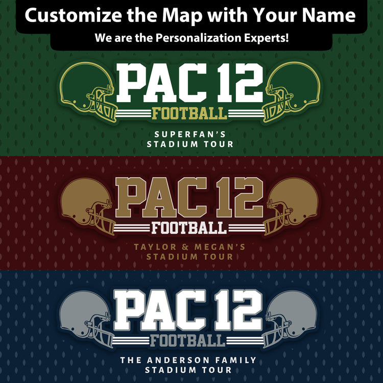 The image is a collage of three different football-themed graphics, each with a unique color scheme and design. The graphics feature the text "PAC 12 FOOTBALL" and "STADIUM TOUR" along with football helmets, suggesting they are promotional materials for a football-related event or tour.