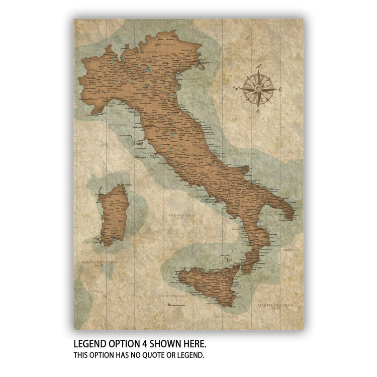 The image is a vintage map of Italy, showing the country&