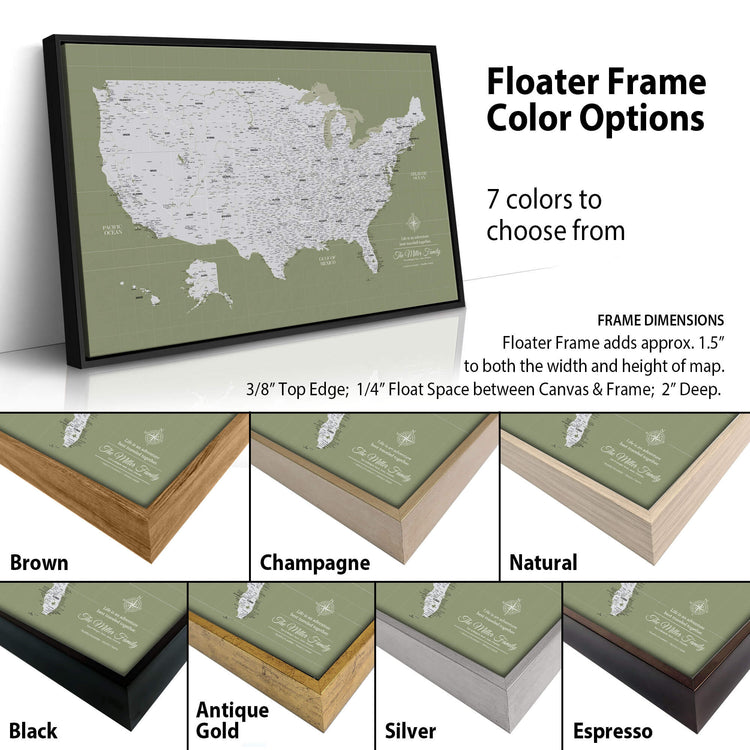 The image is a collage of different colored frames surrounding a map of the United States. The frames vary in color and size, with some being brown, champagne, natural, antique, gold, silver, and espresso. The map itself is green and features a 3/8" top edge and a 1/4" float space between the canvas and frame. The image also includes text that provides information about the frame options, such as the number of colors available and the dimensions of the frame.