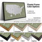 The image is a collage of different colored frames surrounding a map of the United States. The frames vary in color and size, with some being brown, champagne, natural, antique, gold, silver, and espresso. The map itself is green and features a 3/8" top edge and a 1/4" float space between the canvas and frame. The image also includes text that provides information about the frame options, such as the number of colors available and the dimensions of the frame.