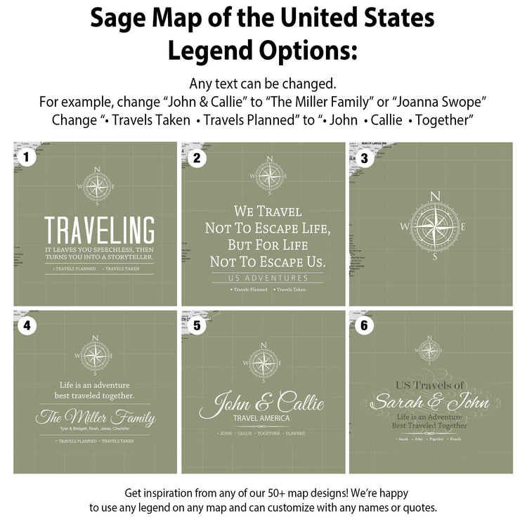 a collection of six different map designs, each with a unique title and subtitle, showcasing various map styles and themes. The titles include "TRAVELING", "We Travel Not To Escape Life, But For Life Not To Escape Us", "Life is an adventure best shared together", "The Miller Family", "John & Callie", "Travel America", and "The Miller Family". Each map design has a unique subtitle that provides additional information about the map&