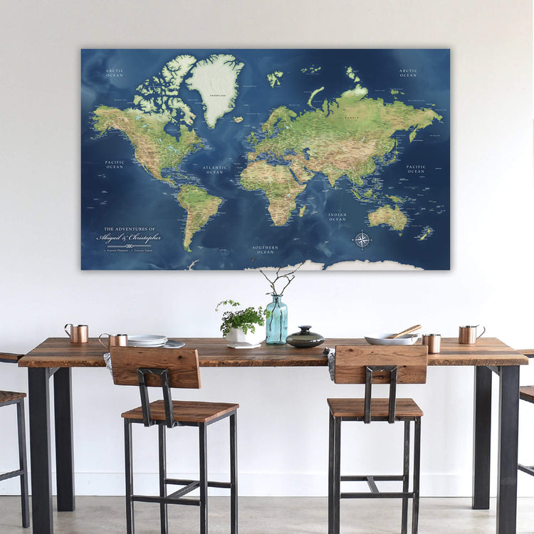 a map of the world hanging on a wall