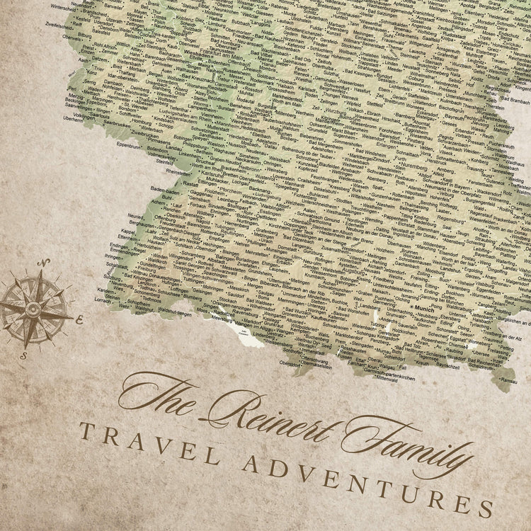 The image is a map titled "The Rainert Family Travel Adventures" with a compass rose on the left side.