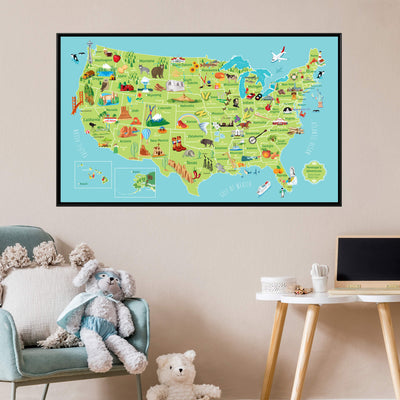 a large, colorful map of the United States hanging on a wall, with various landmarks and locations marked on it. In the foreground, there is a chair with a stuffed animal, and a table with a laptop and other items on it.