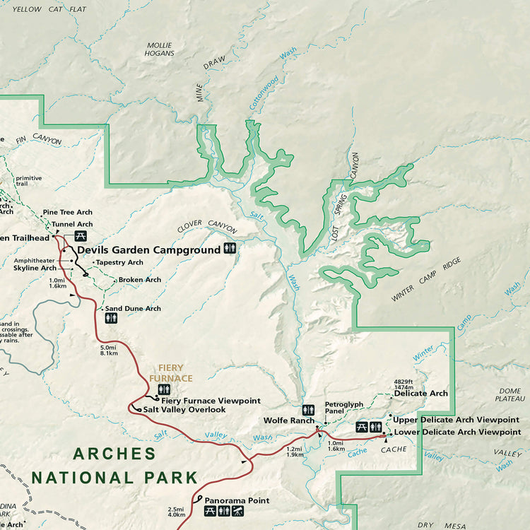 The image is a detailed map of the Arches National Park region, highlighting various landmarks and points of interest.