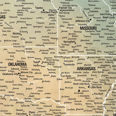 The image is a detailed map of the United States, showing the states and major cities in a color-coded manner.