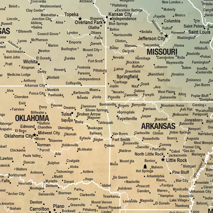 The image is a detailed map of the United States, showing the states and major cities in a color-coded manner.