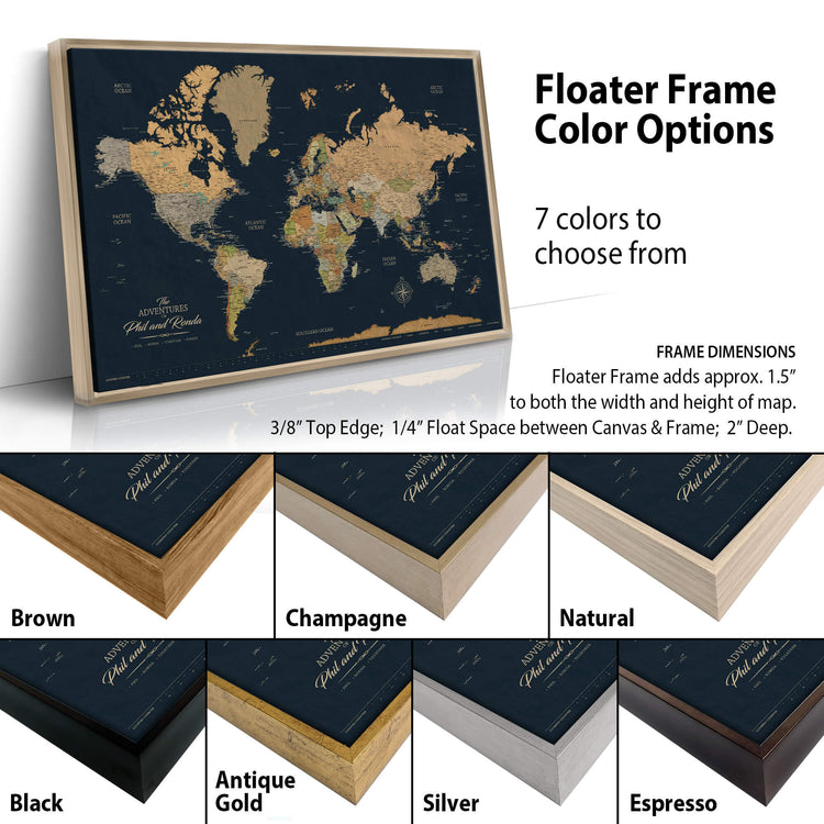 The image is a collage of different colored frames surrounding a world map, showcasing various frame colors and sizes.