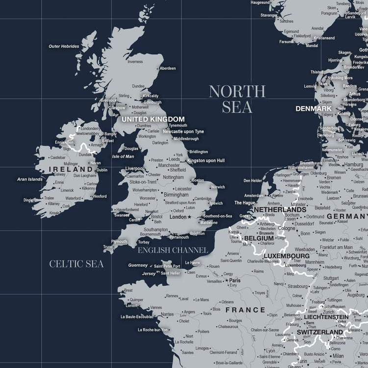 The image is a detailed map of Europe, showing the countries and major cities in a grey color scheme.