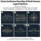 six different map designs, each with a unique title and subtitle, which are described as "Classic Earthtones Navy Map of North America Legend Options". The text in the image can be changed to create different map designs, and the map designs are available for purchase.