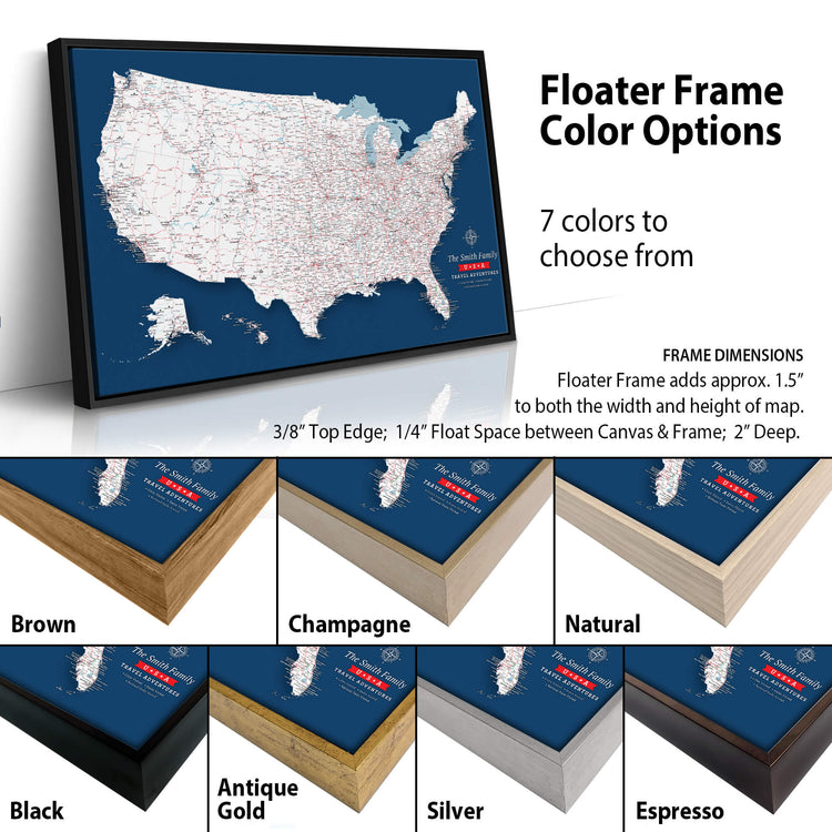 The image is a collage of different colored frames surrounding a map of the United States. The map is displayed in various frame colors, including brown, champagne, natural, antique, gold, silver, and espresso. The text above the image provides information about the frame color options available for the map.