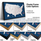 The image is a collage of different colored frames surrounding a map of the United States. The map is displayed in various frame colors, including brown, champagne, natural, antique, gold, silver, and espresso. The text above the image provides information about the frame color options available for the map.