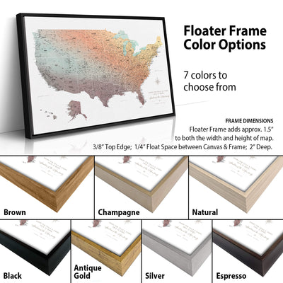 a variety of frame options for a map of the United States, including different colors and frame styles.