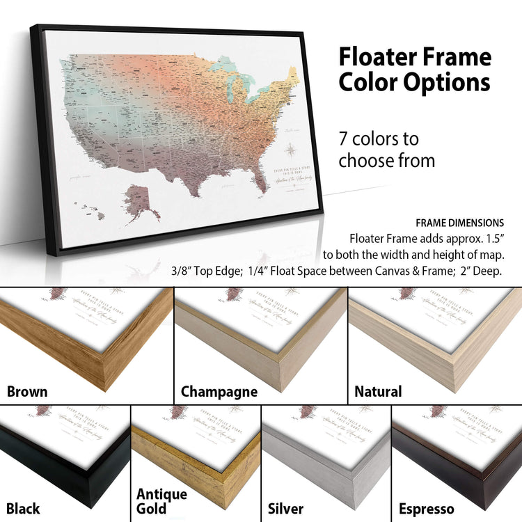 a variety of frame options for a map of the United States, including different colors and frame styles.
