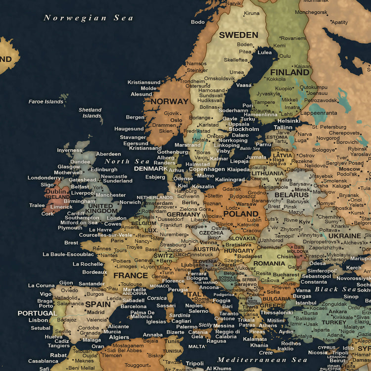 The image is a detailed map of Europe, showing the countries and their borders, as well as the surrounding seas.
