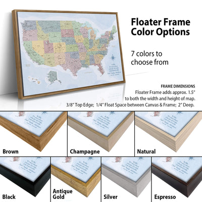 The image is a collage of different colored frames surrounding a map of the United States. The frames come in various colors, including brown, champagne, natural, antique, black, gold, silver, and espresso. The map of the United States is displayed in each frame, showcasing the different frame colors and their corresponding map of the country.