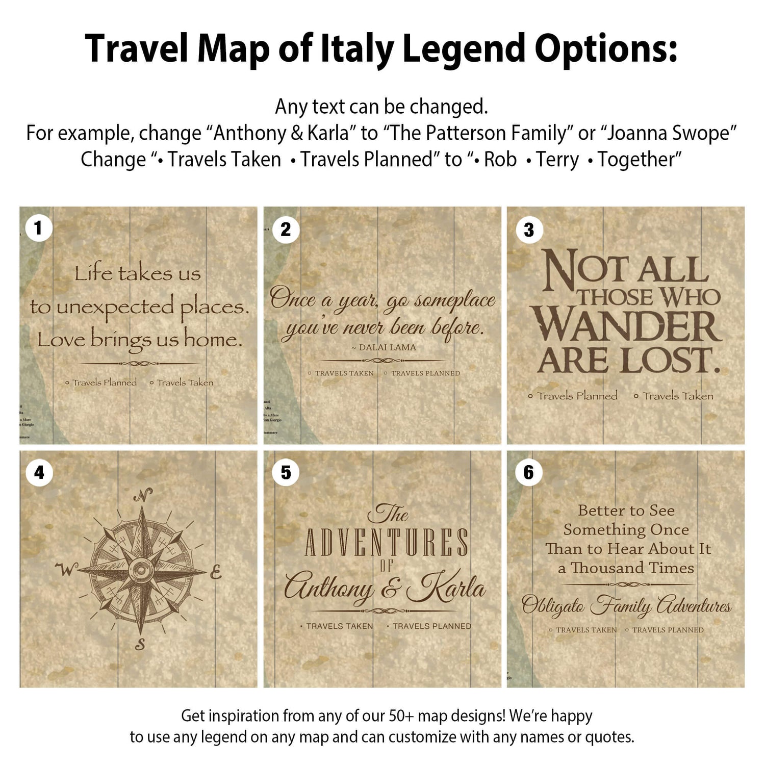 six different travel-themed designs, including a compass, a quote, and a map, with various text elements and illustrations related to travel and adventure.