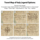 six different travel-themed designs, including a compass, a quote, and a map, with various text elements and illustrations related to travel and adventure.