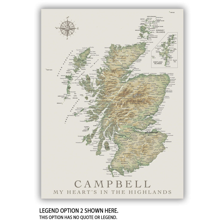 The image is a detailed map of Scotland, specifically focusing on the region of Campbell, which is the home of the Scottish Highland Games.