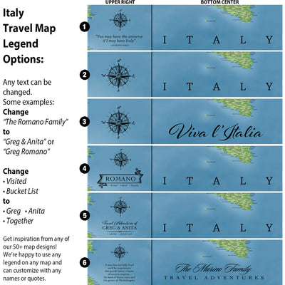 The image is a travel map legend with various options for customizing the map, including changing the title, adding a compass rose, and adding a logo.