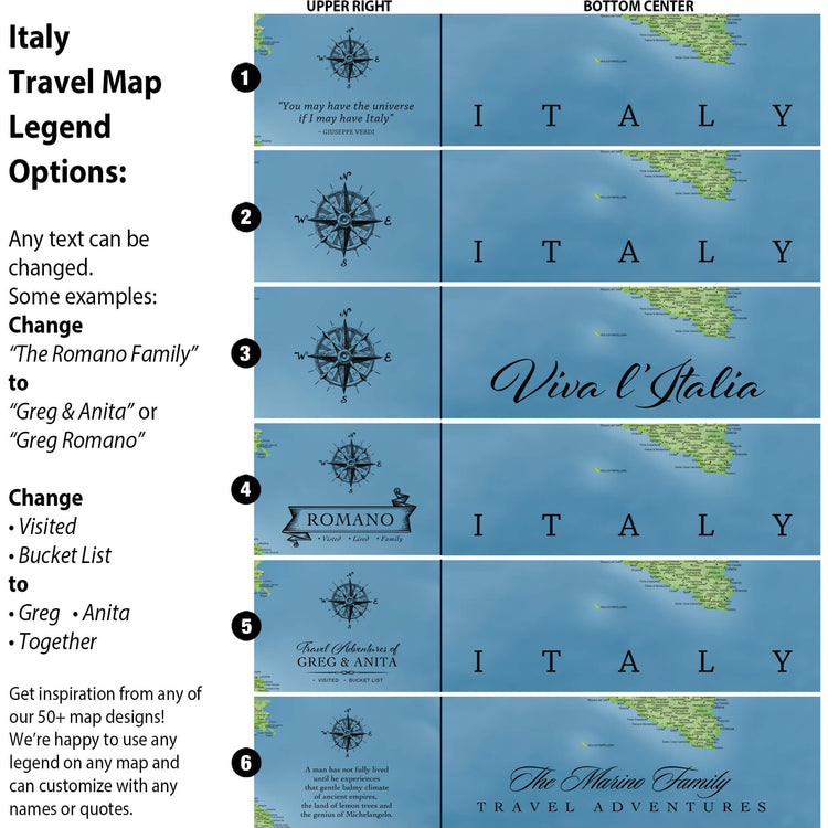The image is a travel map legend with various options for customizing the map, including changing the title, adding a compass rose, and adding a logo.