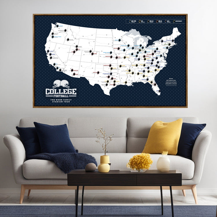 a large map of the United States with various locations marked, and a cozy living room setting with a couch, coffee table, and decorative items.