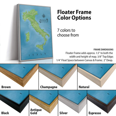 The image is a collage of different colored frames for a map of Italy, showcasing various frame colors such as brown, champagne, natural, antique gold, silver, and espresso.