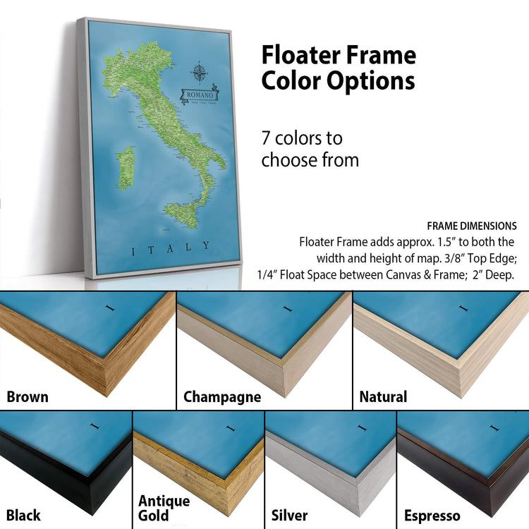 The image is a collage of different colored frames for a map of Italy, showcasing various frame colors such as brown, champagne, natural, antique gold, silver, and espresso.