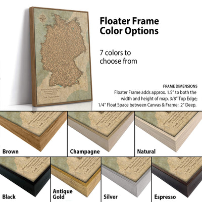 The image is a collage of different colored frames for a map, likely a floating frame, with a map of Germany as the central focus. The frames come in various colors, including brown, champagne, natural, antique gold, black, silver, and espresso. The image also provides information about the frame dimensions, including the width and height of the frame, as well as the float space between the canvas and the frame.
