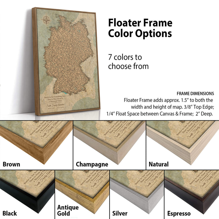 The image is a collage of different colored frames for a map, likely a floating frame, with a map of Germany as the central focus. The frames come in various colors, including brown, champagne, natural, antique gold, black, silver, and espresso. The image also provides information about the frame dimensions, including the width and height of the frame, as well as the float space between the canvas and the frame.