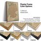 The image is a collage of different colored frames for a map, likely a floating frame, with a map of Germany as the central focus. The frames come in various colors, including brown, champagne, natural, antique gold, black, silver, and espresso. The image also provides information about the frame dimensions, including the width and height of the frame, as well as the float space between the canvas and the frame.