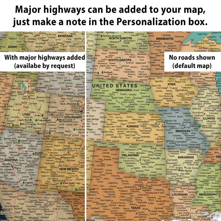 The image is a detailed map of the United States, with major highways added to it. The map includes a note in the Personalization box that allows the user to add major highways to the map. The map also shows a default map without major highways, and it provides a note indicating that major highways are available by request.