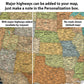 The image is a detailed map of the United States, with major highways added to it. The map includes a note in the Personalization box that allows the user to add major highways to the map. The map also shows a default map without major highways, and it provides a note indicating that major highways are available by request.