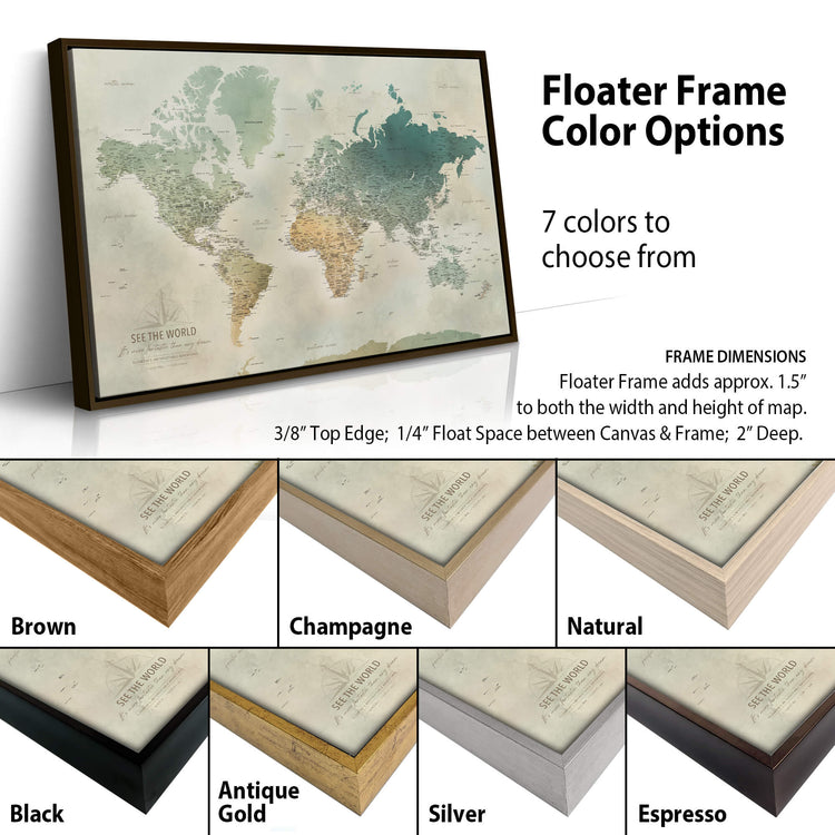 The image is a collage of different colored frames surrounding a world map, showcasing various frame colors and styles.