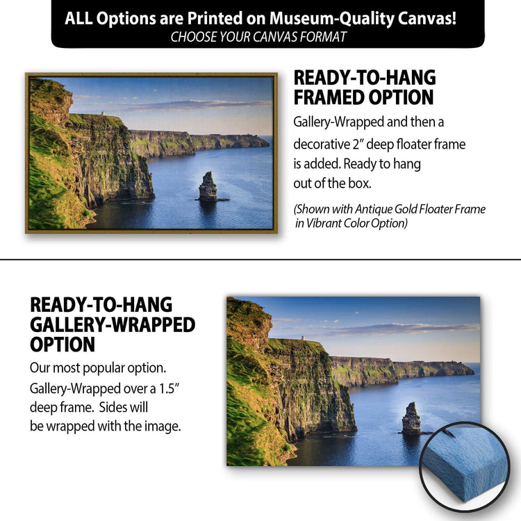 a poster with a picture of cliffs and water