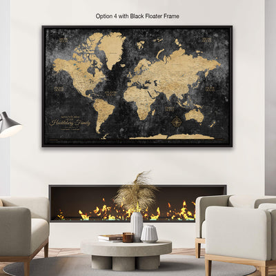a living room with a large map of the world on the wall