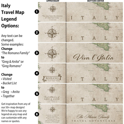 a travel map legend with various options for customizing the map, including changing the title, adding a quote, and altering the compass directions.