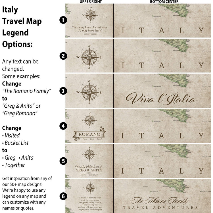 a travel map legend with various options for customizing the map, including changing the title, adding a quote, and altering the compass directions.