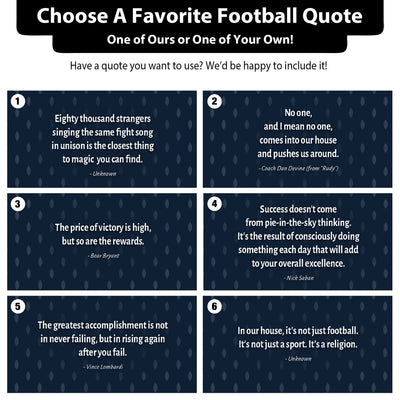 six different quotes related to football, each accompanied by a number and a background image. The quotes are about the importance of sports, the value of perseverance, and the significance of teamwork in achieving success.