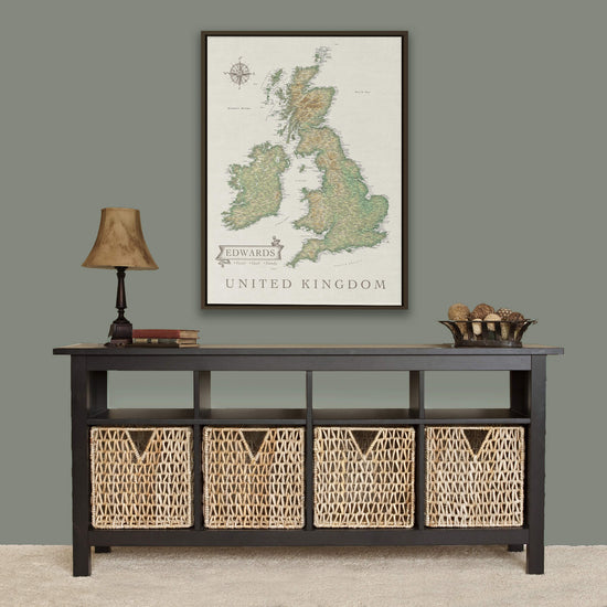 a table with baskets under a map of the united kingdom